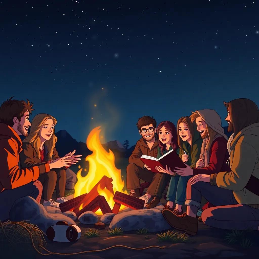 The friends around a cozy fire at night, sharing stories and bonding, under a clear starry sky, warm light illuminating their faces, illustration, heartwarming, high quality