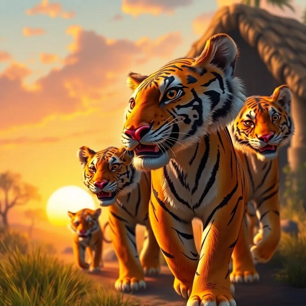 Nuwar the tiger leading his friends back home, beautiful sunset in the background, with content expressions on their faces, digital painting, rich colors, uplifting scene, high quality