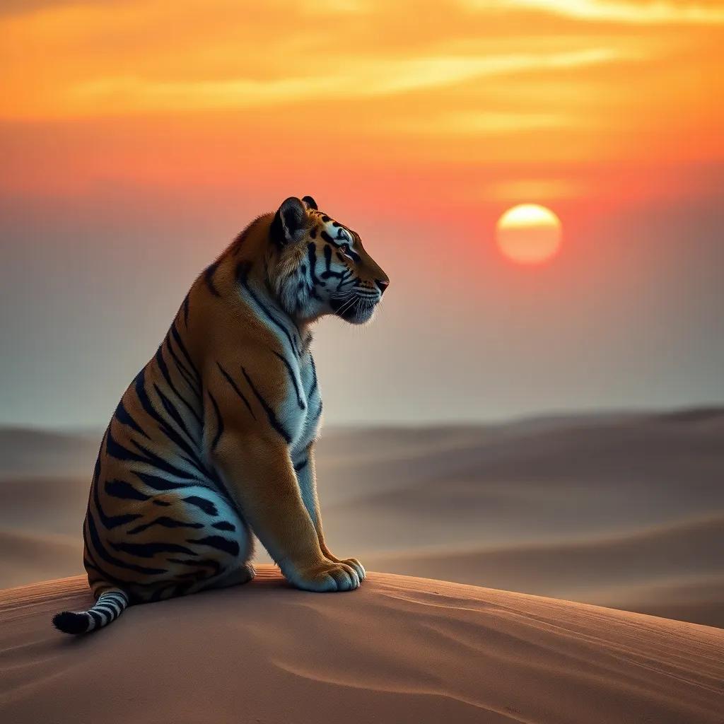 Nuwar the tiger remembering the importance of friendship and unity, thinking while sitting on the sand dune looking at the horizon, thoughtful atmosphere, digital art, inspiring, colorful sky at dusk, high quality