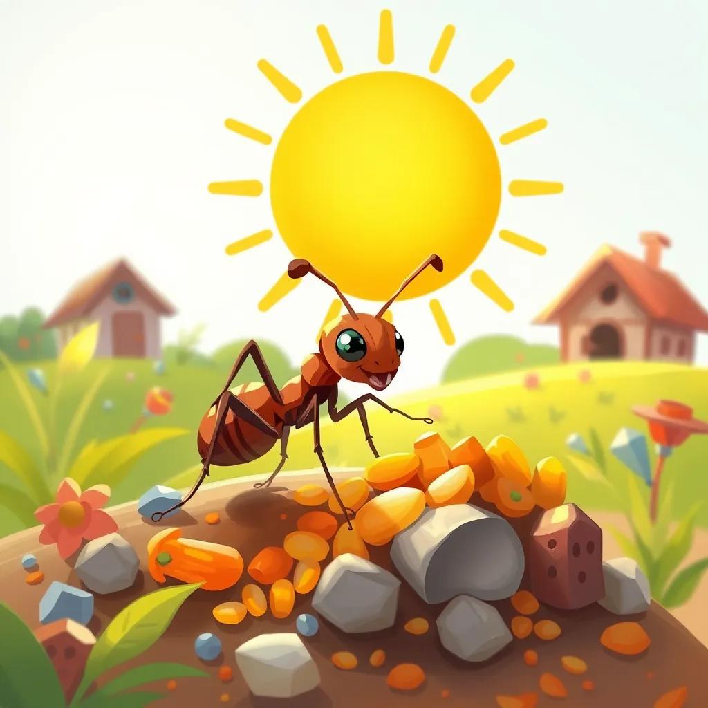A small ant, busy and energetic, gathering food under a bright sun, digital art, warm colors, cheerful atmosphere, high quality