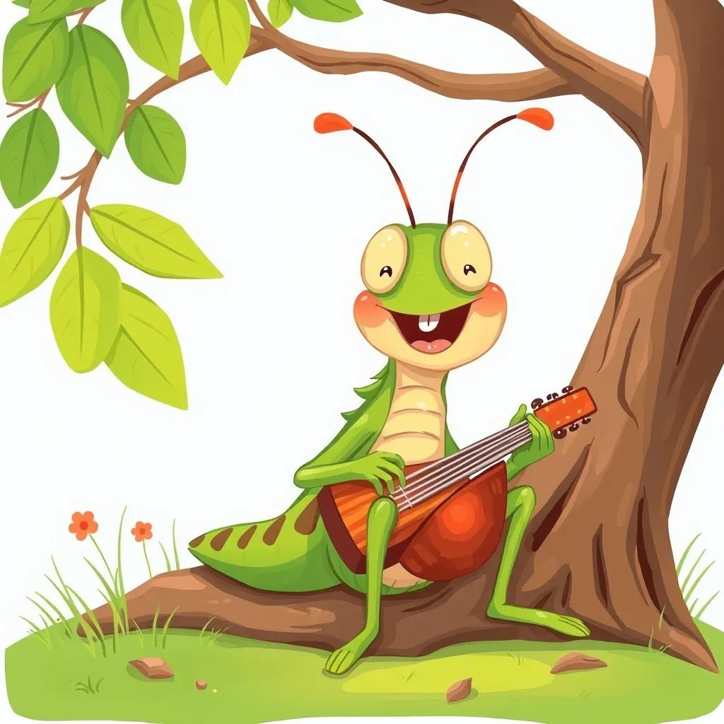A relaxed grasshopper, sitting under a tree shade, playing music and singing happily, colorful illustration, bright and lively, child-friendly