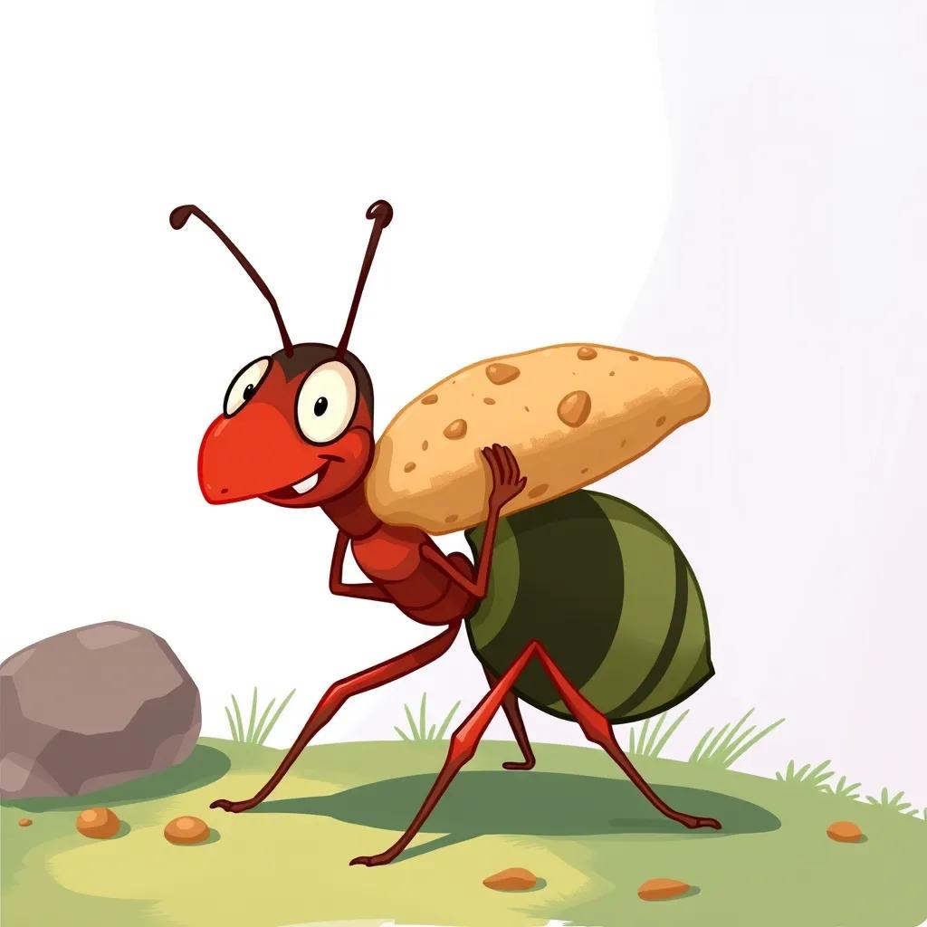 The ant working hard, carrying a big crumb, with a determined expression, cartoon style, vibrant colors, energetic scene, playful