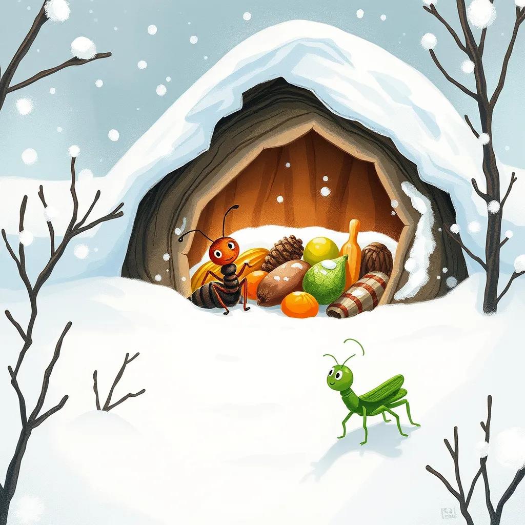 A snowy winter scene, with the ant stored in a cozy home filled with food, while a sad grasshopper stands outside, realistic, winter wonderland, heartwarming
