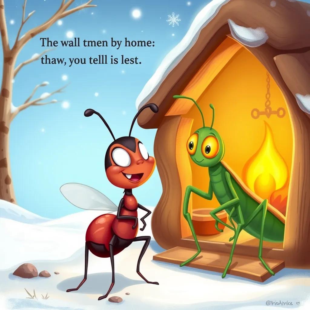 The ant talking to the grasshopper, smiling gently, with the bright winter background and a warm home, inviting scene, colorful, friendly dialogue