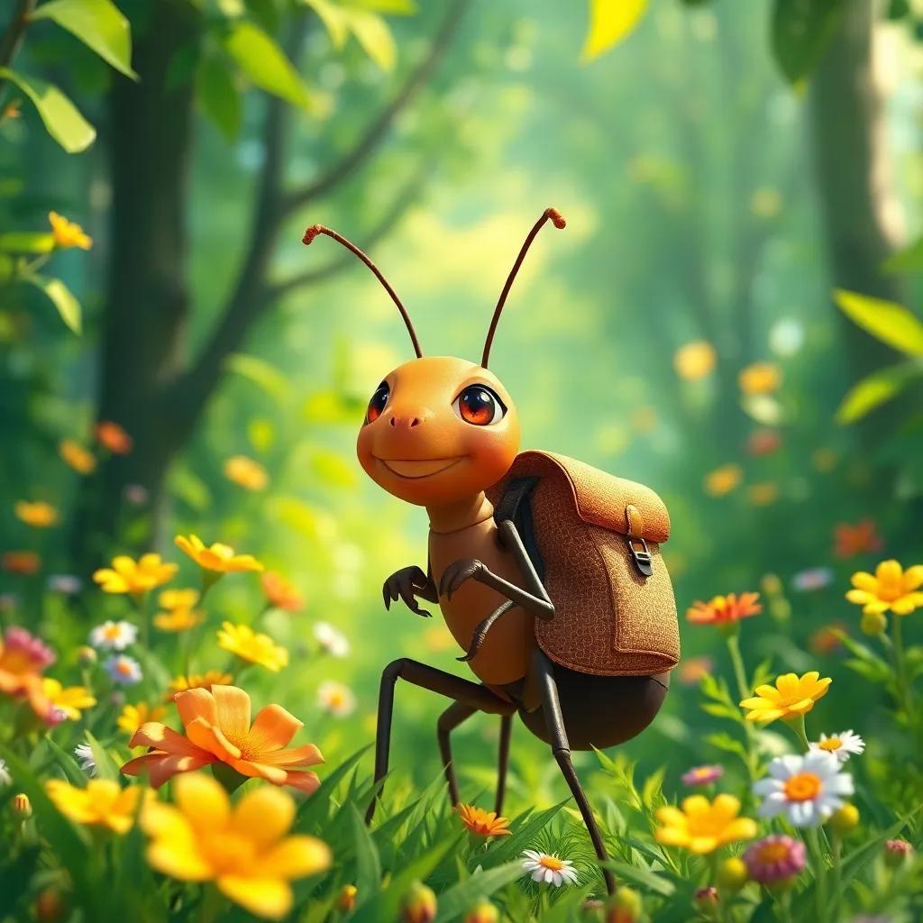 A hardworking ant collecting food in a bright green forest, wearing a tiny backpack, with a determined expression, surrounded by colorful flowers and sunlight, cheerful atmosphere, digital art, vibrant colors, detailed