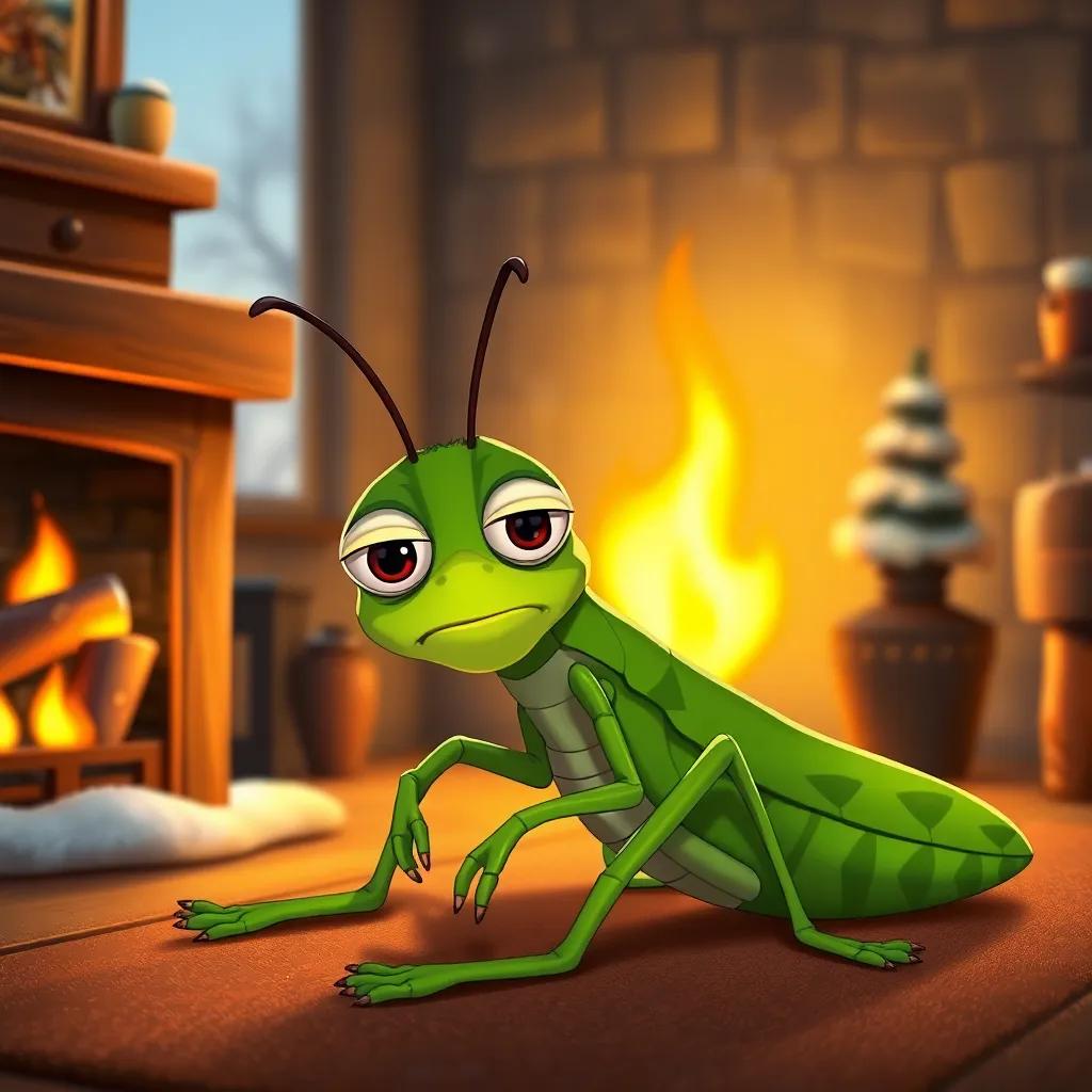 A lazy grasshopper sitting near a warm fireplace, looking sad and hungry, with a playful yet worried expression, in a cozy room with warm light and a wintery backdrop, friendly art, inviting scene, high quality
