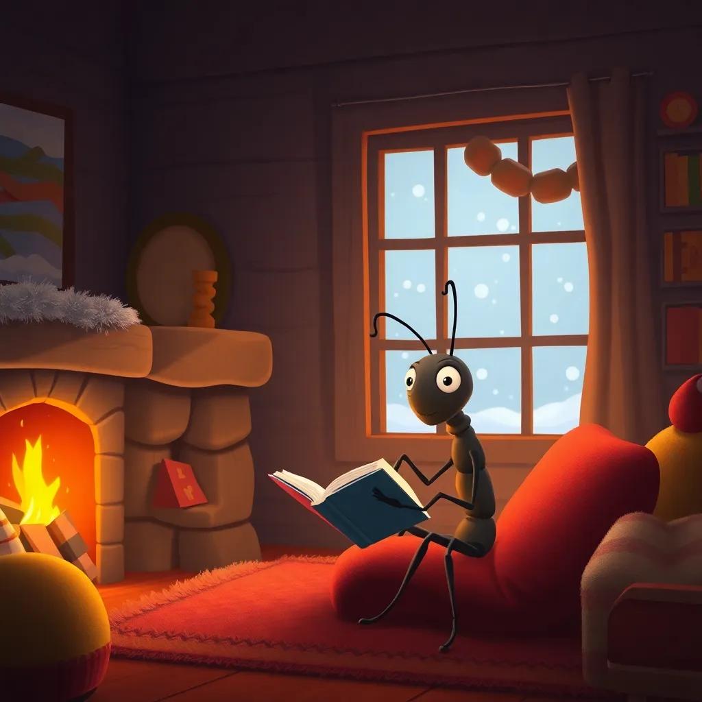 A warm cozy room with a fireplace, a diligent ant reading a book next to it, snow falling outside the window, soft glow from the fire, child-friendly illustration, inviting atmosphere, detailed
