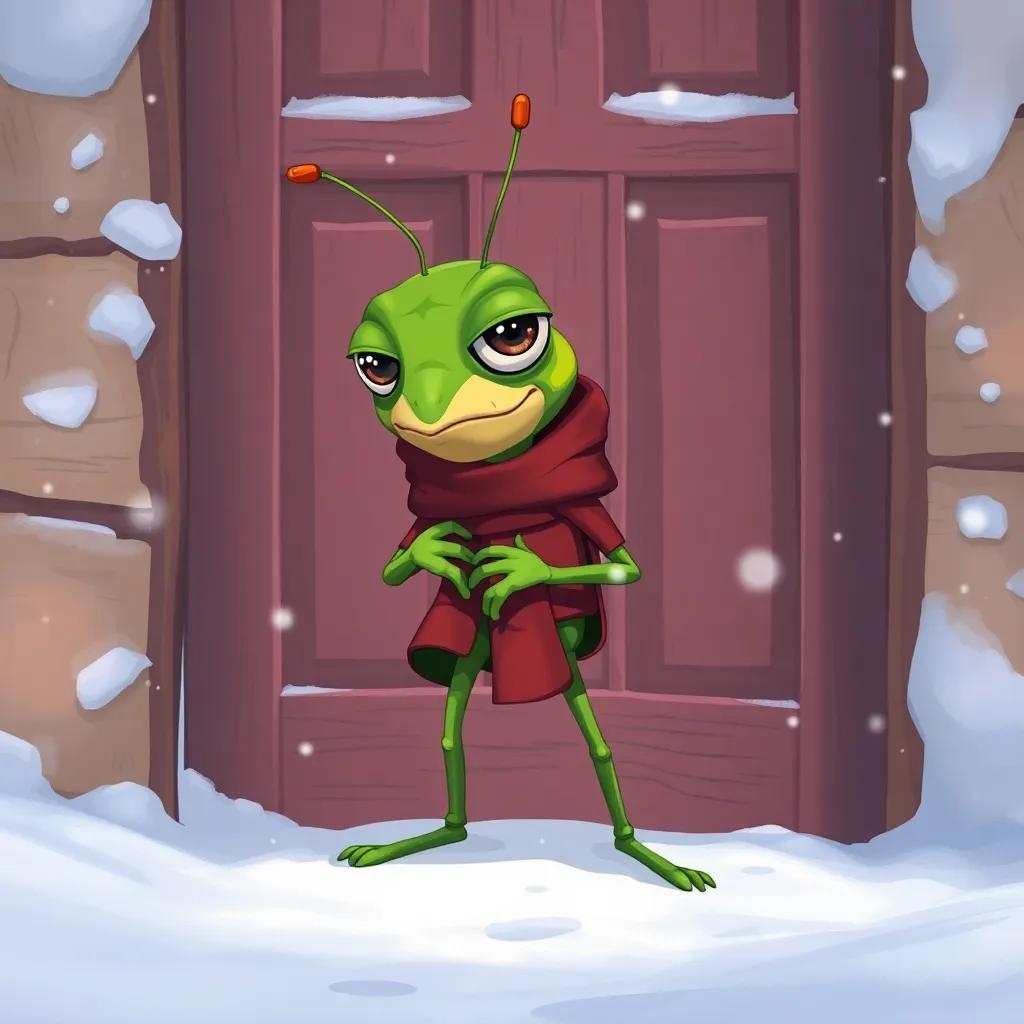 A sad grasshopper knocking on the door, looking chilly and hungry, dressed in simple clothes, outside in the winter cold, snowflakes around, colorful illustration, emotional scene