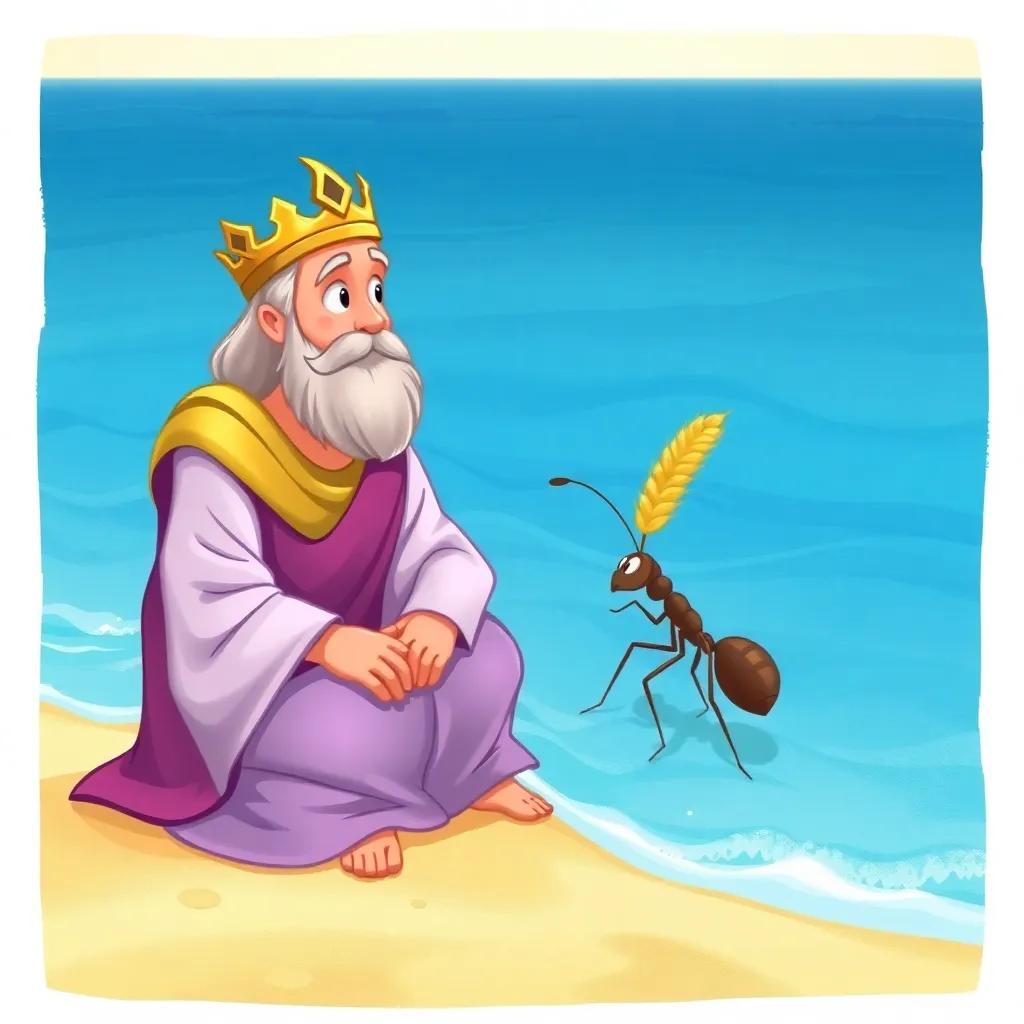 A wise king, Solomon, sitting on the beach looking surprised at a brave ant carrying a grain of wheat, blue ocean waves, peaceful scenery, digital art, serene colors, calm atmosphere, high quality