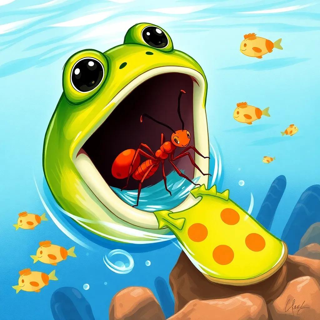 An ant inside the frog's mouth, entering the water, with fish swimming around, a glimpse of rocks beneath the sea, lively colors, dynamic scene, illustration, vibrant and cheerful, friendly vibe
