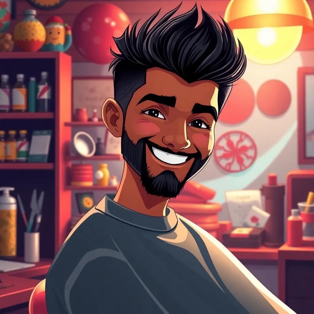 A skilled barber, Dawood, with black hair and friendly smile, cutting hair in a small cozy shop, surrounded by colorful decorations, cheerful atmosphere, warm light, detailed digital art, high quality