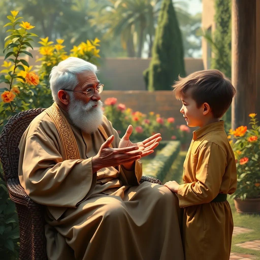 An elderly man, grandfather, with a gray beard and glasses, wearing a traditional thobe, sitting on a chair in a garden, explaining something to a young boy in an engaging manner, warm colors, friendly vibe, storytelling scene, digital art, high quality