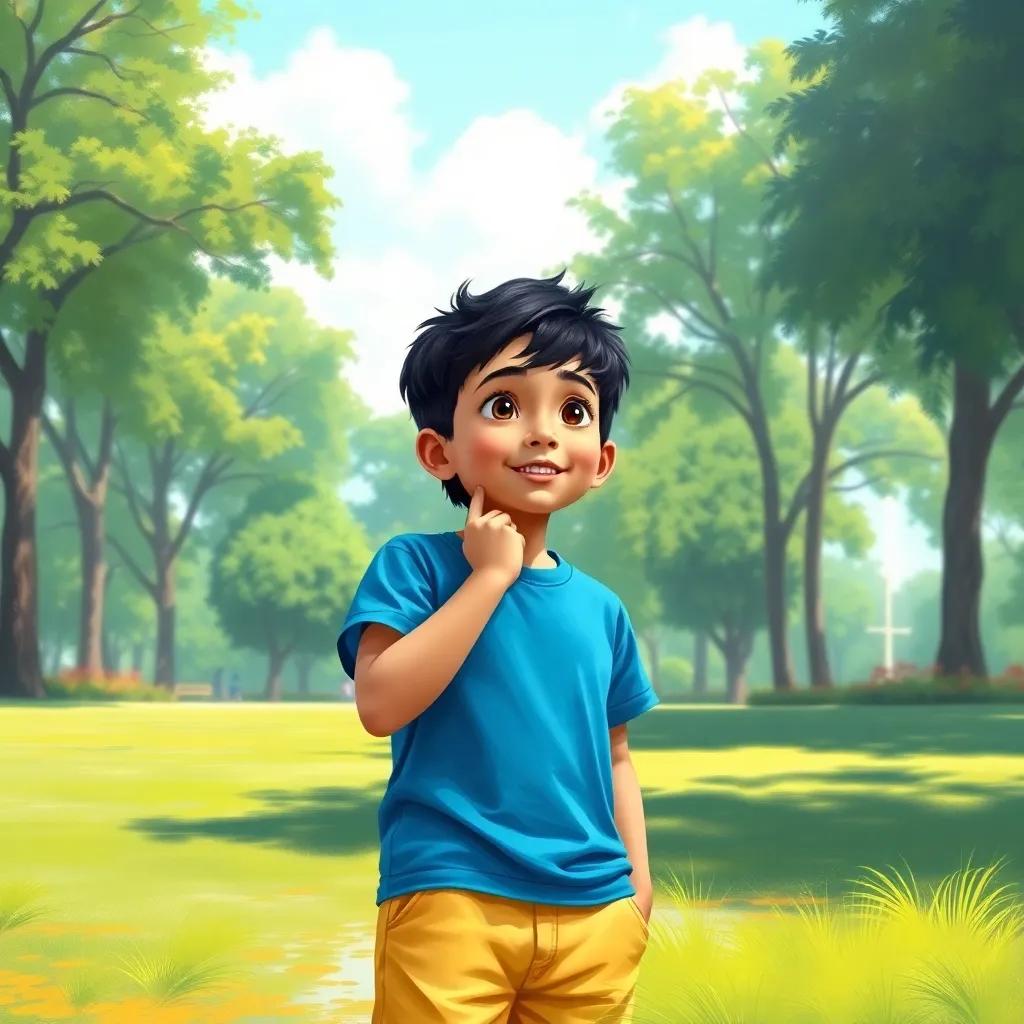 A young boy, Sami, with short black hair, wearing a blue t-shirt and yellow shorts, standing in a big park, looking excited and thinking, digital art, bright colors, cheerful atmosphere, high quality
