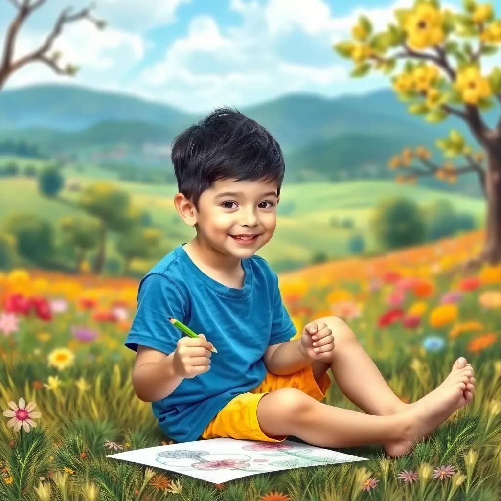Sami, a young boy with short black hair, wearing a blue t-shirt and yellow shorts, sitting on the grass with colored pencils, drawing trees and flowers, colorful landscape, joyful vibes, storytelling view, high quality
