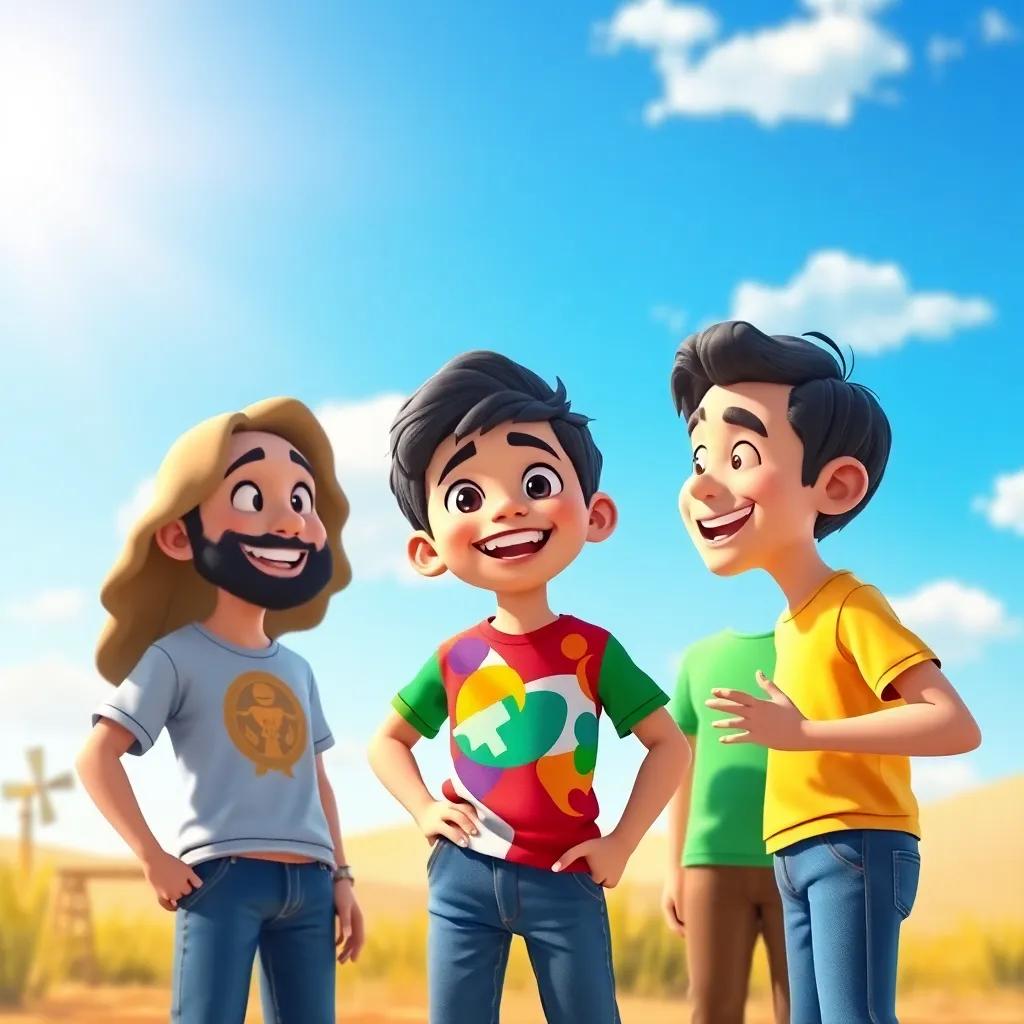 A cheerful young Arabic boy, Sami, with short black hair wearing a colorful t-shirt and jeans, happily discussing hydrocarbons with his friends under a bright sunny sky, digital art, vibrant colors, playful atmosphere, high quality