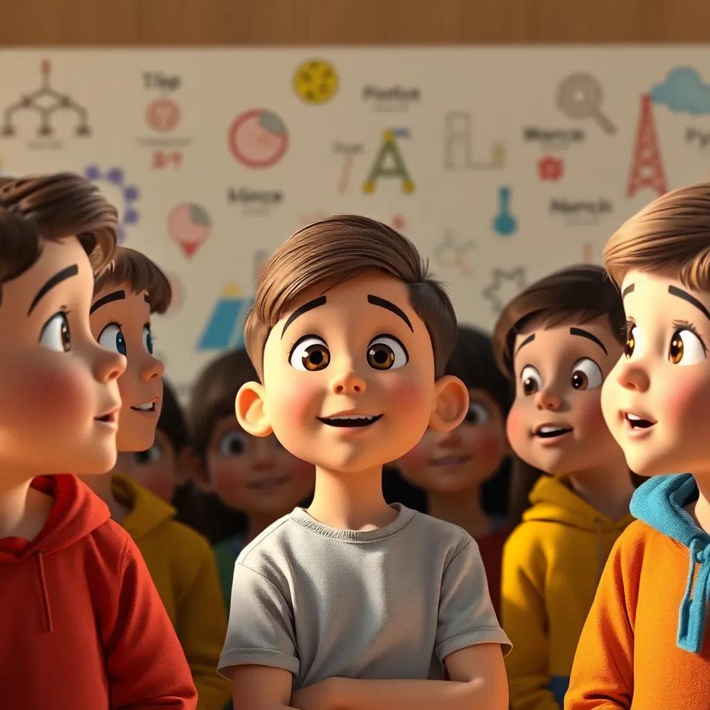 A group of children's faces, including Sami, listening eagerly as Sami explains about hydrocarbons with animated expressions, against a background of colorful drawings of hydrocarbons, illustration, engaging, child-friendly, warm light