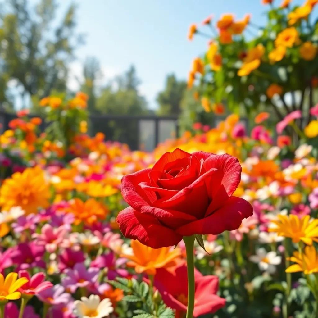 A small red rose, proudly stating its beauty in a vibrant garden filled with colorful flowers, bright sunny day, cheerful atmosphere, digital art, warm colors, inviting scenery, high quality
