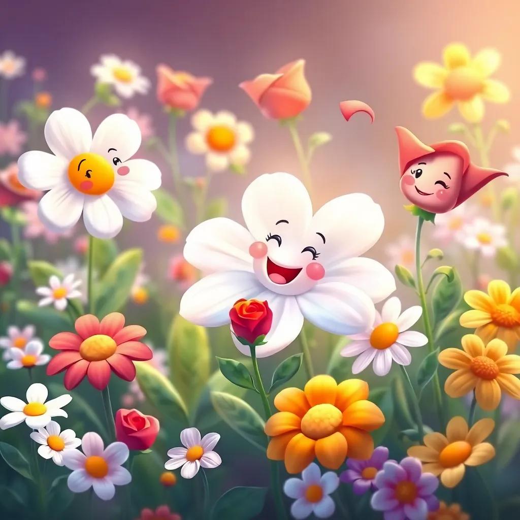 A white flower, responding to the red rose with kindness, surrounded by a variety of flowers, smiling faces, gentle breeze, friendly environment, playful mood, digital illustration, vivid colors, child-friendly