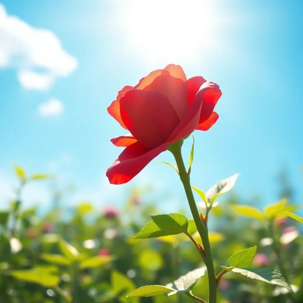 The proud red rose swaying in the wind, feeling confident, bright sunlight shining down, rich greenery around, vibrant colors, digital painting, warm light, cheerful setting, high detail