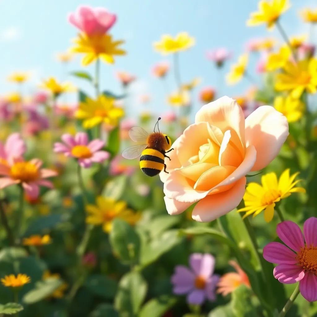 A small bee approaching the beautiful rose, buzzing happily, surrounded by colorful flowers, bright and sunny garden, playful and cheerful, digital artwork, child-friendly, vivid colors, engaging design