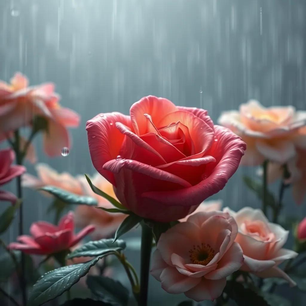 The rose feeling sad in the rain, droplets falling on its petals, surrounded by other flowers comforting it, gloomy yet warm atmosphere, digital art, soothing colors, gentle perspective, high quality