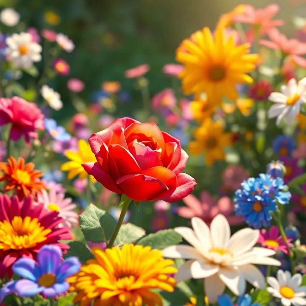 The proud rose discovering the beauty of other flowers, smiling together in the garden, colorful blooms all around, bright sunlight illuminating them, digital painting, joyful scene, vibrant colors, high resolution