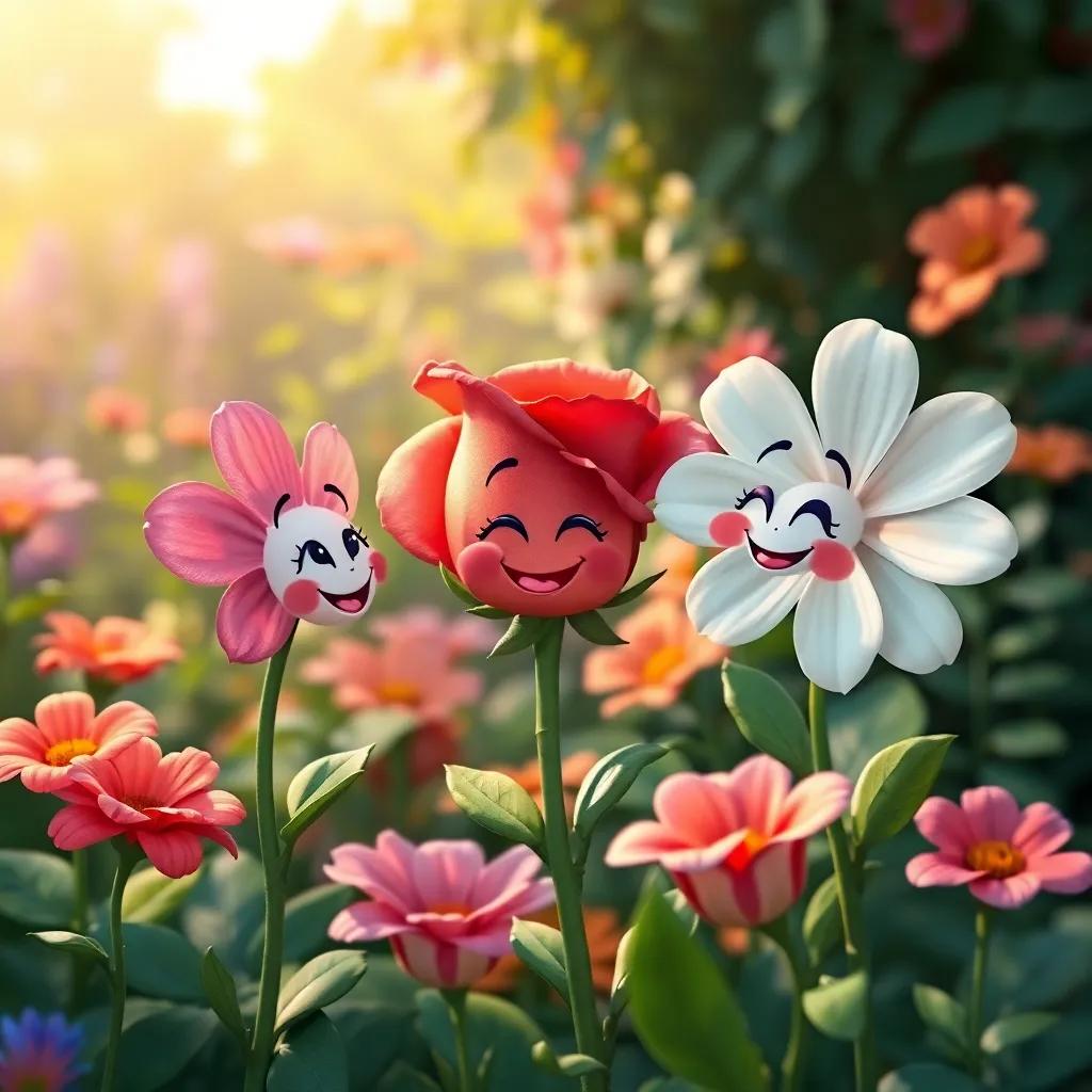 The rose apologizing to the other flowers, showing respect and friendship with smiles on their faces, lush garden background, heartwarming atmosphere, digital art, colorful and engaging, bright and inviting