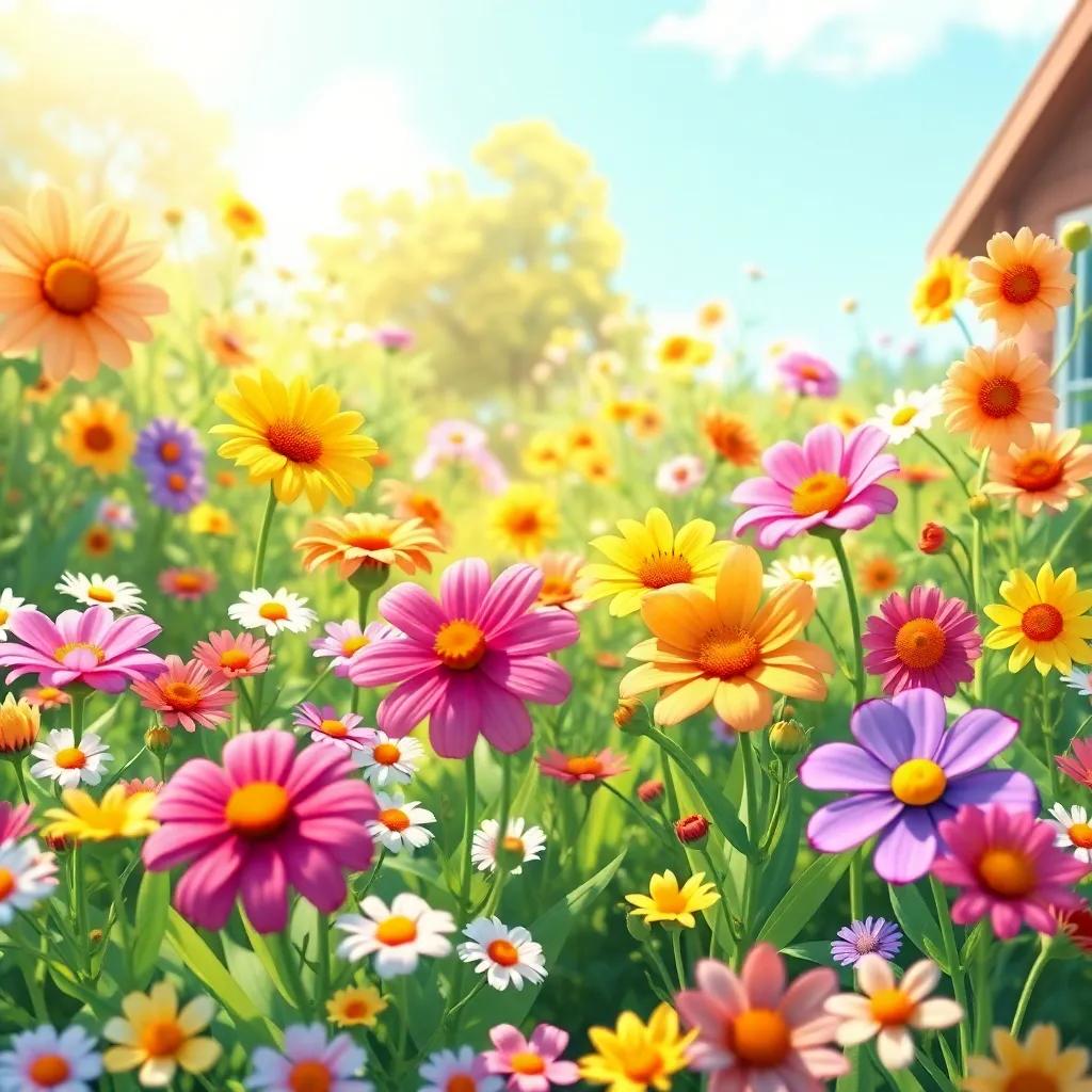 The garden full of flowers happily coexisting, a sense of harmony and friendship among them, beautiful sunny day, engaging view, digital painting, vivid colors, cheerful imagery, high quality
