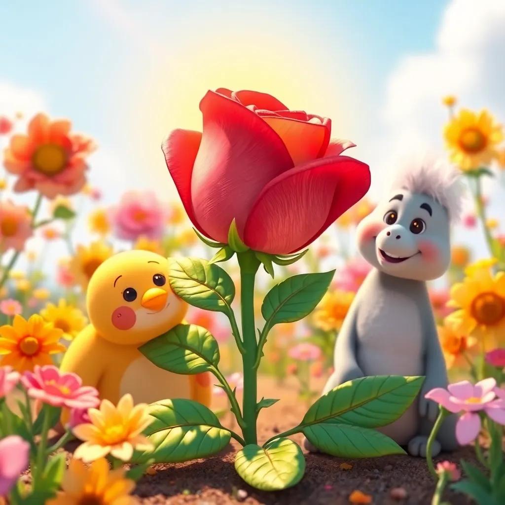 The rose sitting happily among its new friends, all celebrating beauty and diversity together, colorful and joyful setting, bright sunshine, digital art, warm and inviting, heartwarming scene