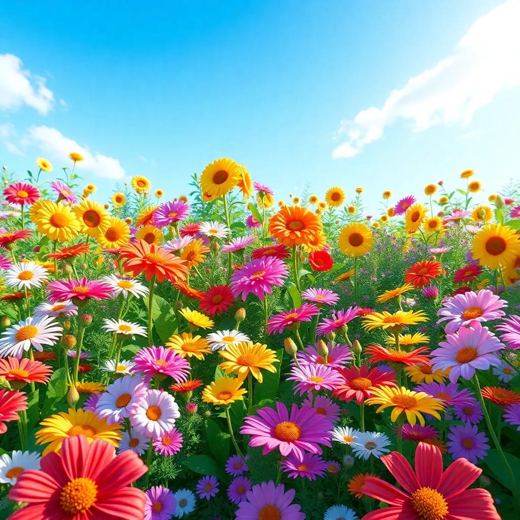 The garden bustling with joy, flowers of all types and colors united, cheerful atmosphere, bright blue sky, digital artwork, vibrant and friendly, high resolution