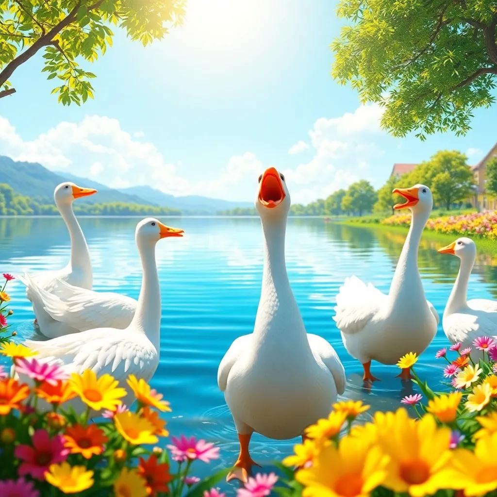 A beautiful lake with a singing goose named Mila, surrounded by other geese asking her where she wants to go, bright sunny day, colorful flowers, joyful atmosphere, digital art, vibrant colors, cheerful