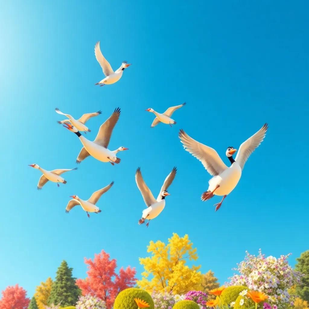 Geese flying in a clear blue sky, Mila leading them with excitement, colorful trees and blooming flowers below, warm sunlight, cheerful atmosphere, illustration, bright colors