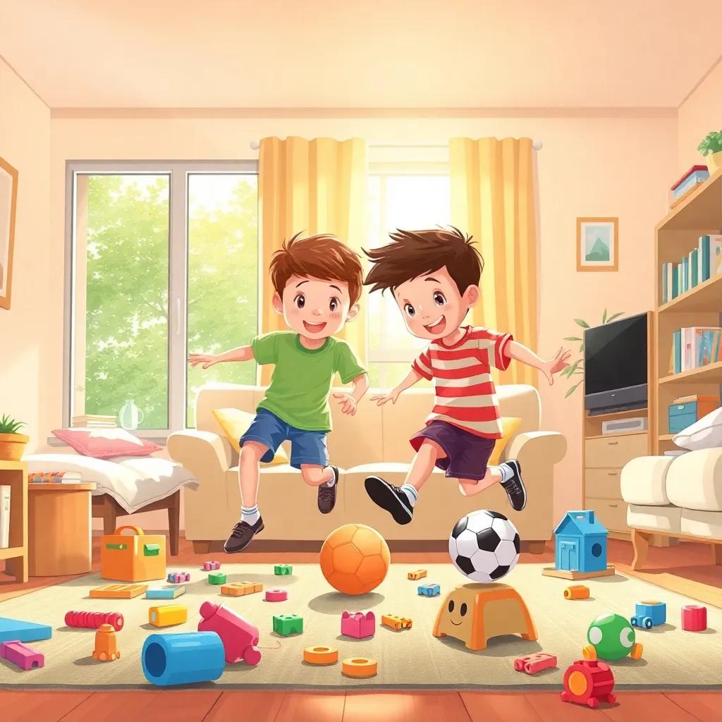 A bright and cheerful living room with two young boys playing soccer inside, colorful toys scattered on the floor, sunlight shining through a window, digital art, warm colors, inviting atmosphere, high quality