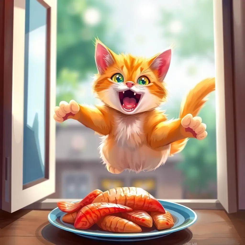 A hungry cat with fluffy fur and bright eyes leaping through an open window to reach a plate of fish, vibrant and playful scene with a blurred background, digital painting, colorful, high quality, focusing on the cat's excitement