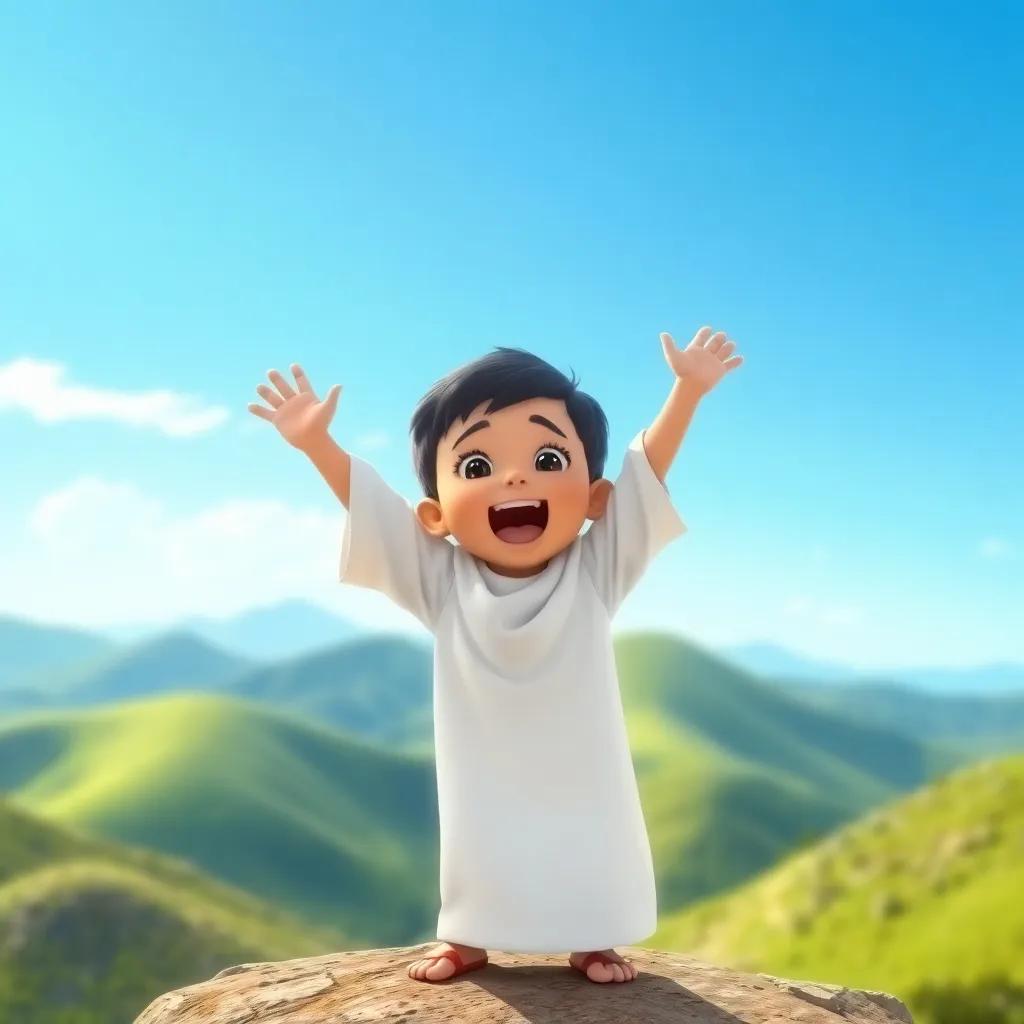 A little boy, a young Arab boy with short black hair, wearing a simple white thobe, standing on a mountain, shouting and waving his arms in excitement, with green hills and a bright blue sky, cheerful atmosphere, digital art, vibrant colors, playful perspective, high quality