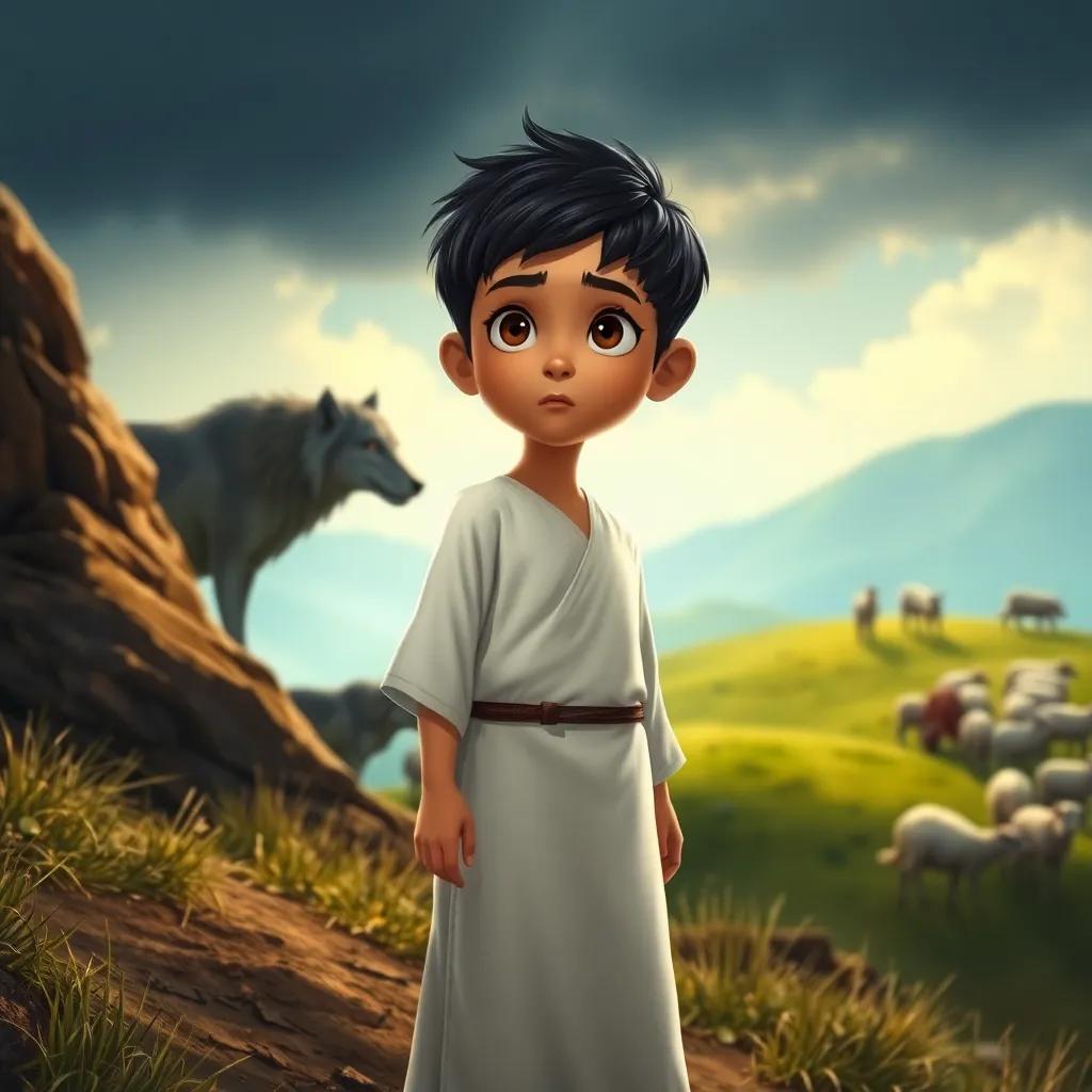 A little boy, a young Arab boy with short black hair, wearing a simple white thobe, standing in despair on a hillside, a real wolf lurking in the background next to a flock of sheep, with concerned villagers in the distance, dramatic lighting, intense colors, serious atmosphere, high quality