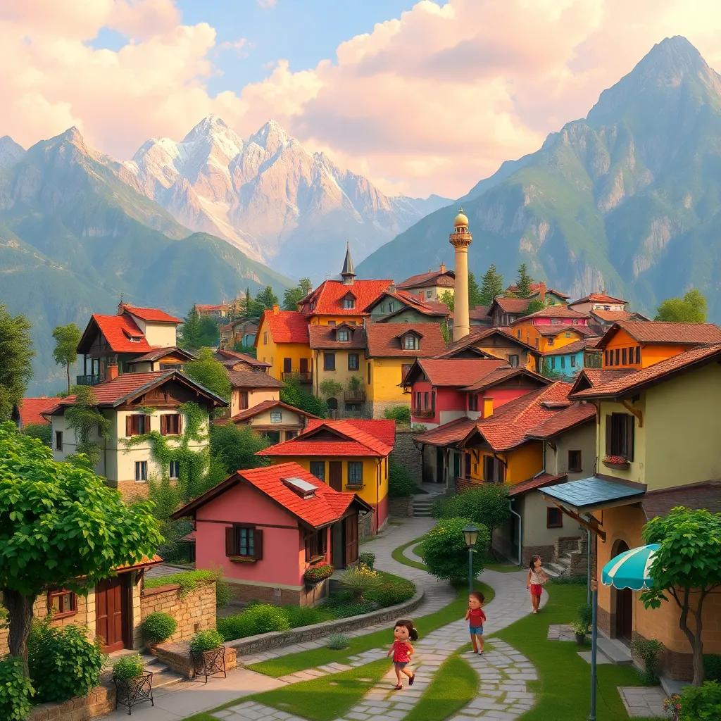 A picturesque village nestled among mountains, with vibrant colors and traditional houses. The scene shows lush greenery and children playing in the streets. Digital art, warm colors, cheerful atmosphere, high quality.