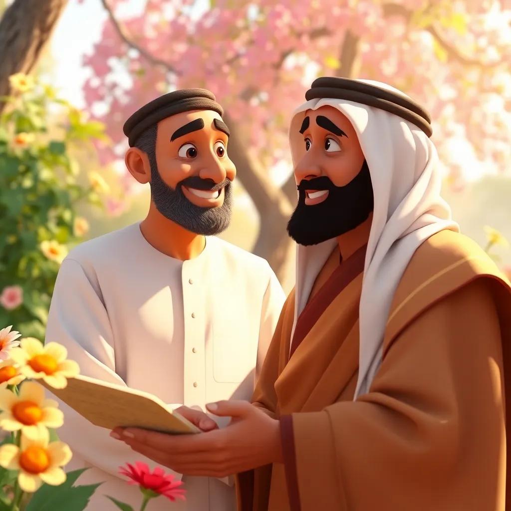 Saeed's father, a middle-aged Arab man, with a beard, wearing a traditional thobe, smiling as he explains elections to his son. They are surrounded by flowers and trees in the garden, warm sunlight, friendly atmosphere.