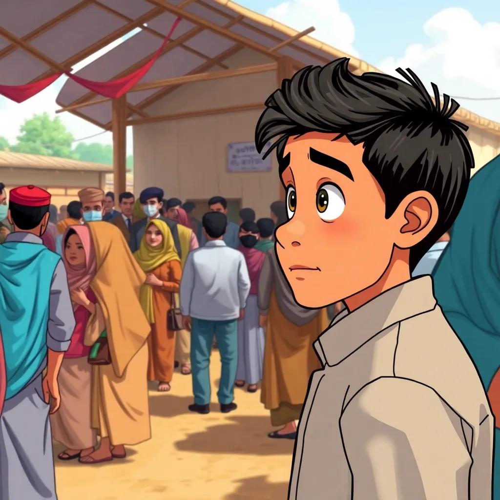 On election day, a bustling polling station with long queues of villagers. Saeed watches curiously, excitement in his eyes, as people enter to cast their votes. Digital art, lively, community atmosphere, colorful.