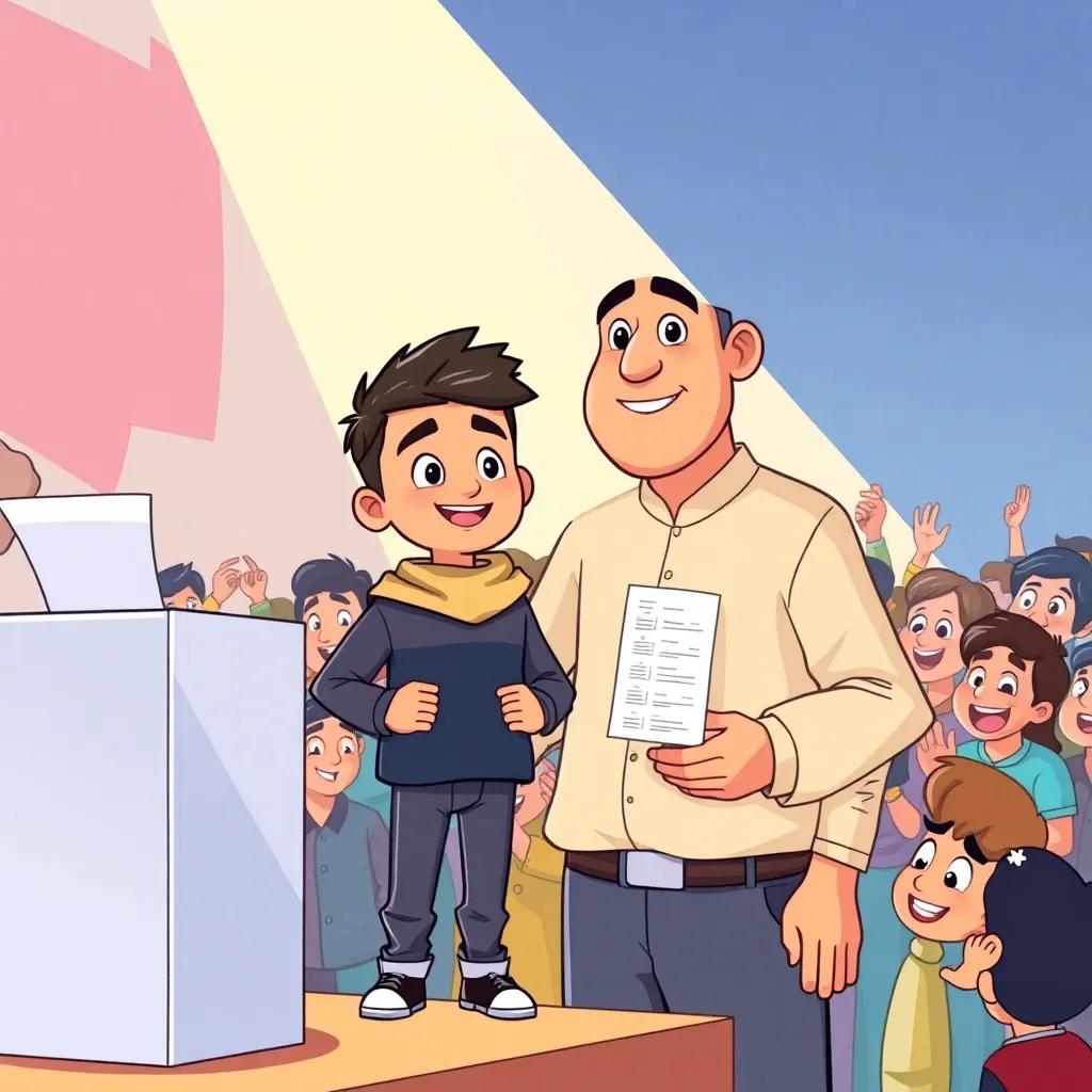 Saeed feeling proud next to his father at the ballot box. The father is holding a ballot while the excited crowd gathers around, everyone engaged in the voting process. Illustration, bright colors, encouraging mood, child-friendly.