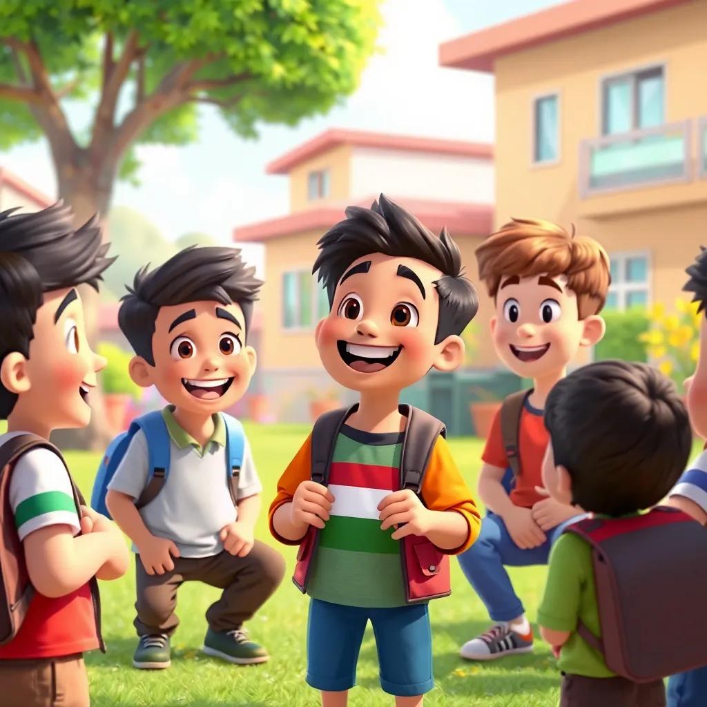 A cheerful Saeed speaking to his friends about the importance of elections. They are all animatedly discussing in a schoolyard, surrounded by cheerful scenery. Digital art, vibrant, lively, child-friendly, engaging atmosphere.