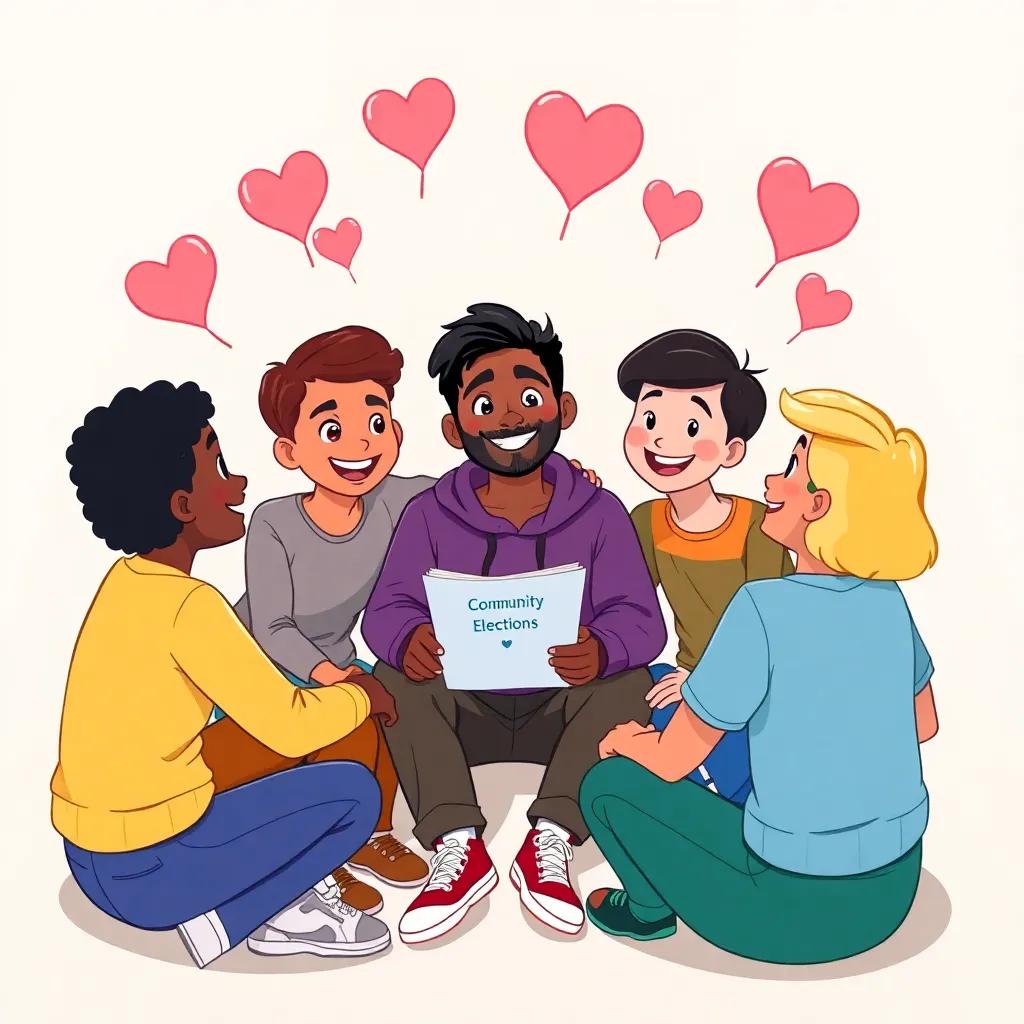 Saeed, sitting in a circle with friends, sharing his newfound knowledge about community and elections. Hearts and happy expressions around them show their enthusiasm for participating in change. Illustration, joyful, colorful, friendly vibe.