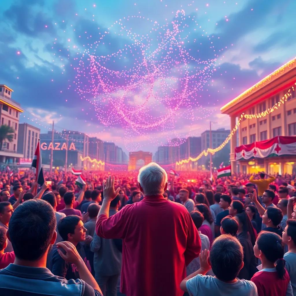 People gathered in a large square in Gaza, an older man speaking passionately, children cheering, colorful lights in the sky, festive mood, digital art, warm colors, heartwarming scene, high quality