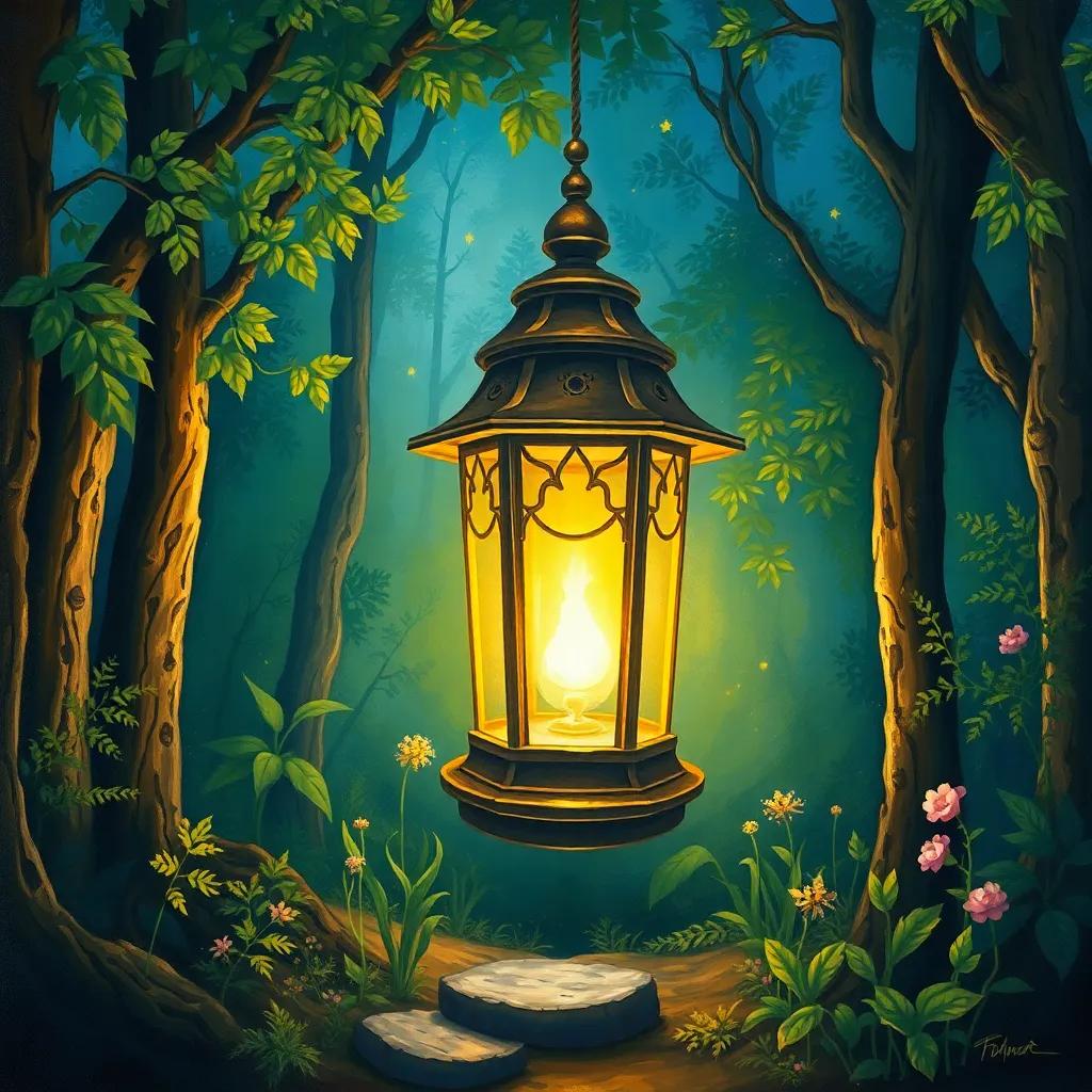 A magical lantern, glowing softly, surrounded by trees and plants in a beautiful forest, enchanting atmosphere, warm light, child-friendly, high detail