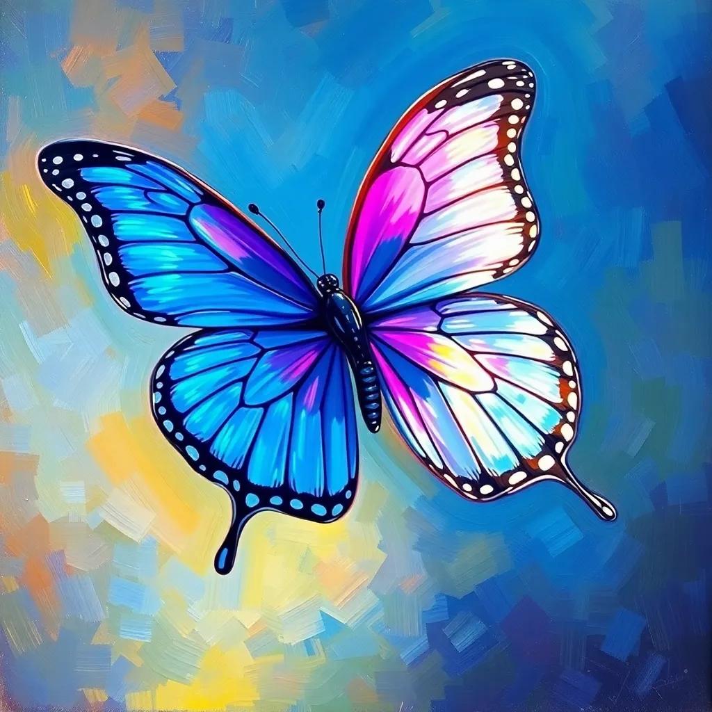 A beautiful butterfly, shimmering shades of blue and purple, flying with sunlight reflected on its wings, vivid colors, cheerful scene, charming and whimsical