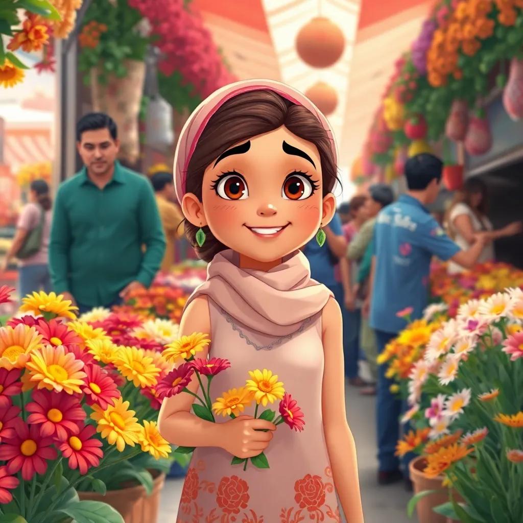 Leila, a young Arab girl, with enthusiastic expressions while standing in a busy market filled with vibrant flowers, many people admiring her flowers, illustration, lively, warm colors, inviting perspective, high quality