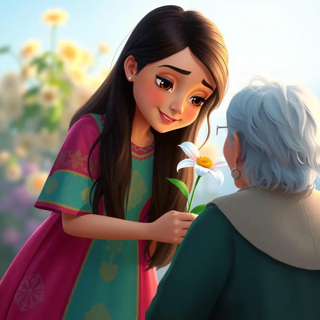 Leila, a young Arab girl with long, dark hair in a colorful dress, choosing a beautiful white flower to give to an elderly woman, a caring and compassionate scene, digital painting, heartwarming, bright and colorful, storytelling view, fantasy
