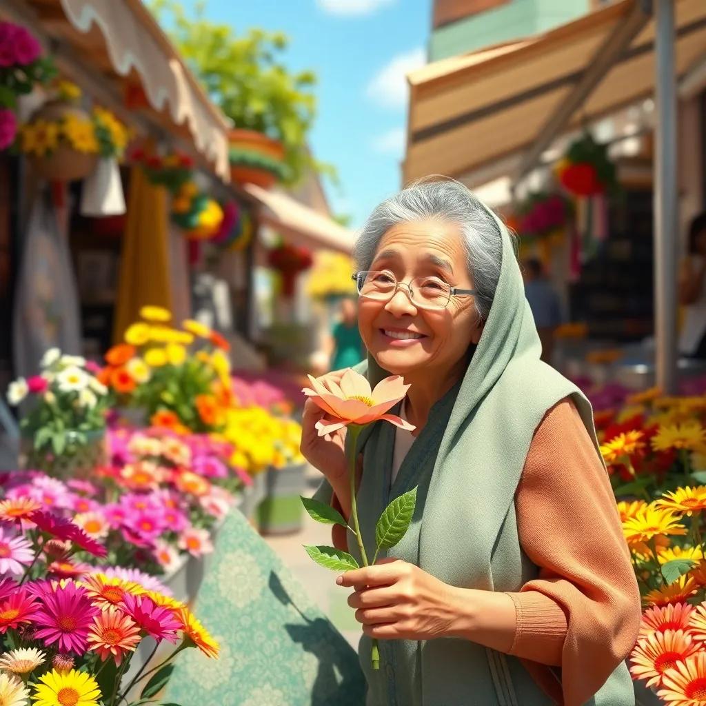 An elderly woman with a smile, receiving a beautiful flower from Leila, standing in a sunny market scene with colorful flowers around, joyous atmosphere, digital illustration, uplifting moment, hyperrealistic details