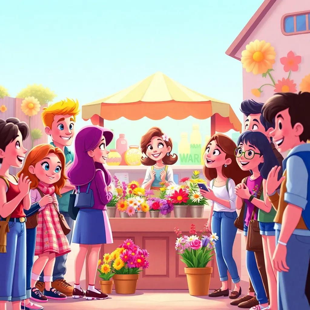 A group of cheerful people gathered around Leila's flower stand, happily admiring and purchasing flowers, showcasing a bright shop and lively expressions, vibrant digital art, colorful, community spirit, heartwarming scene