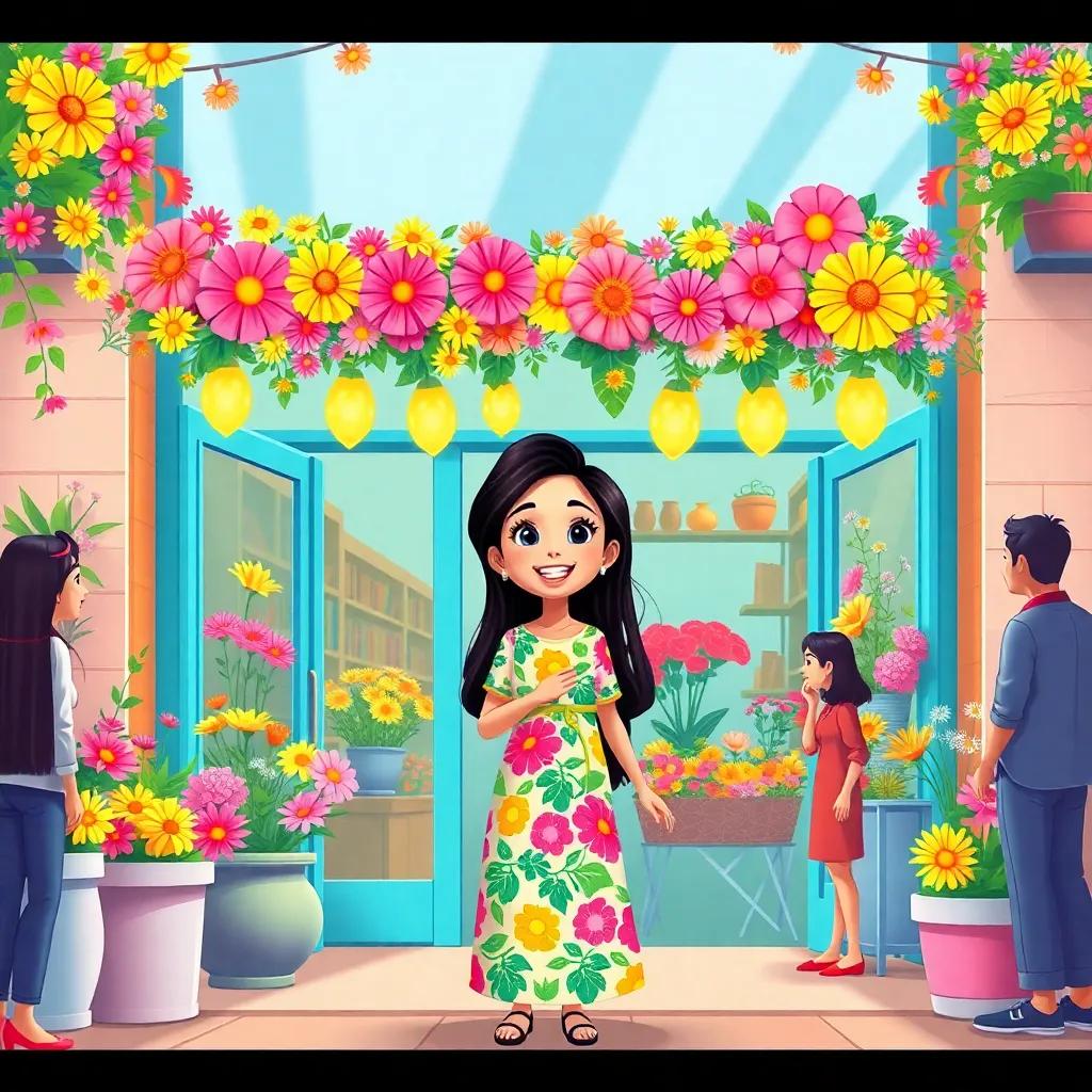 Leila, a young Arab girl with long, dark hair in a colorful dress, joyfully standing outside her new flower shop decorated with colorful flowers, surrounded by friends and happy customers, illustration, bright colors, celebration, high quality